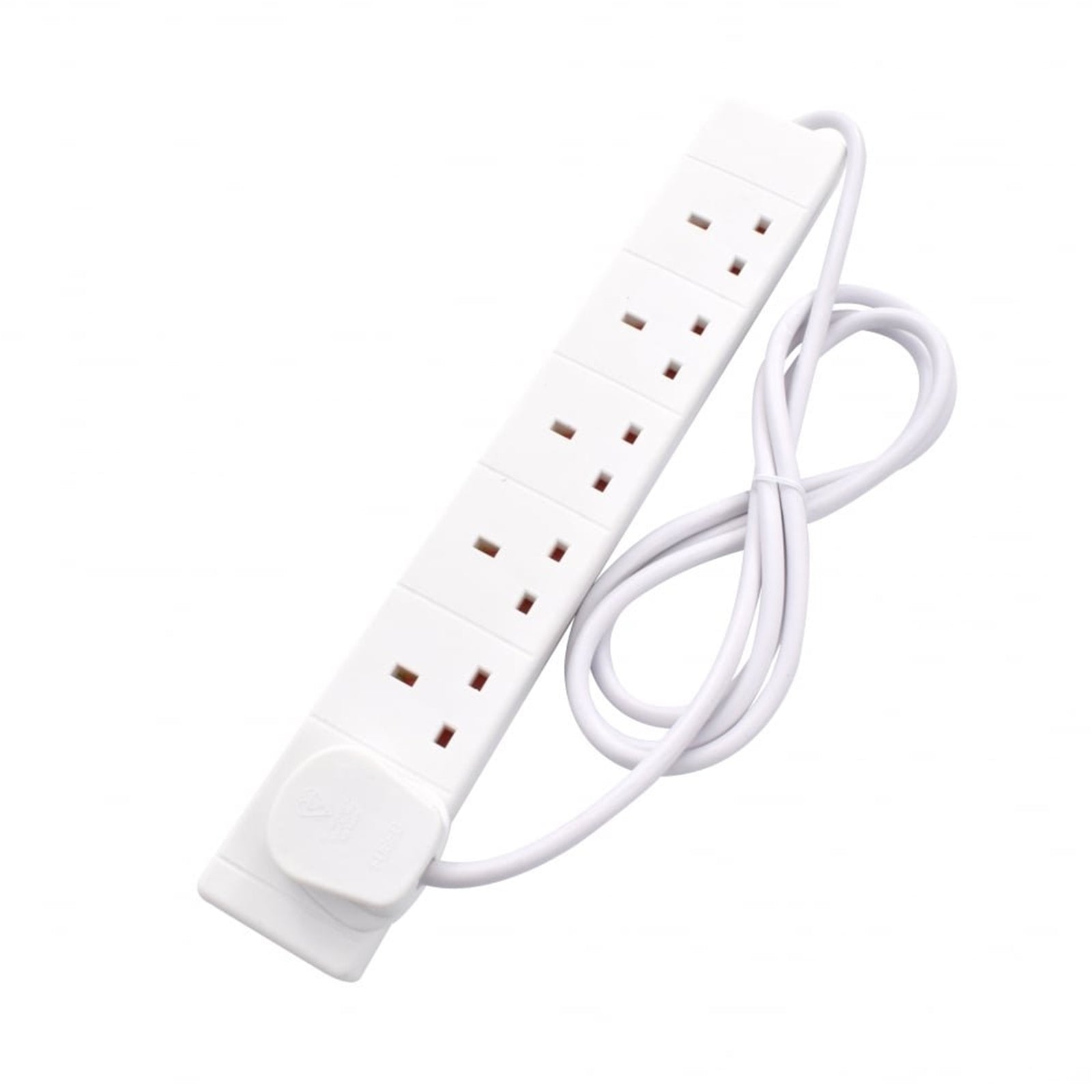 White 6-gang extension lead with 2m cable, UK mains plug, and six outlets for multiple devices. White 6-gang extension lead with 2m cable, UK mains plug, and six outlets for multiple devices.